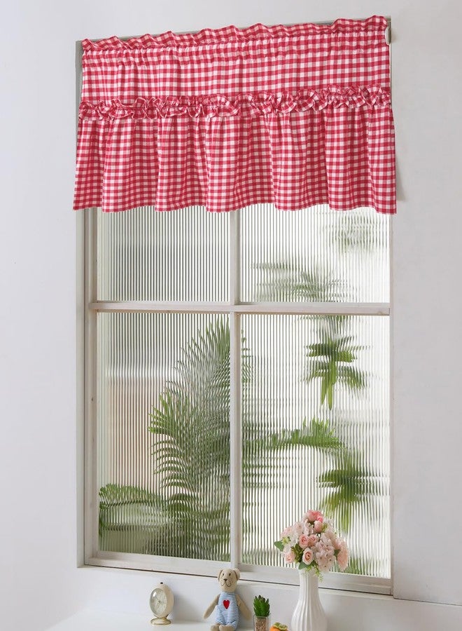 Silnuo Red/White Plaid Gingham Ruffle Window Valance Farmhouse Checkered Window Treatment Washed Cotton Decorative Curtain Rod Pocket 52" W x 18" L - Image 2